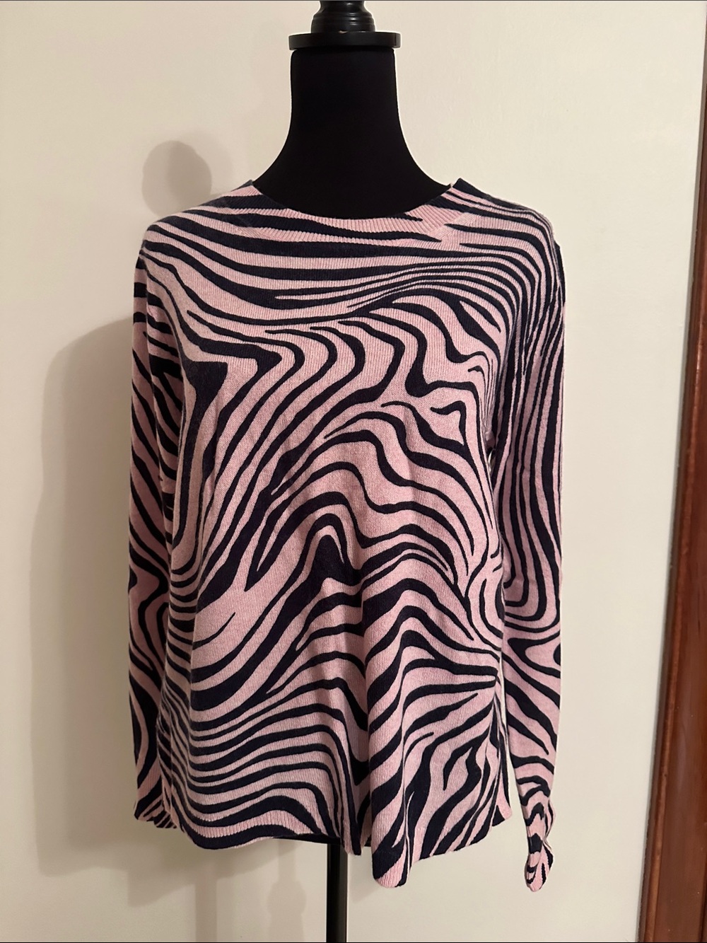 J. Crew Pink and Black Abstract Zebra Crewneck Sweater 100% Cashmere